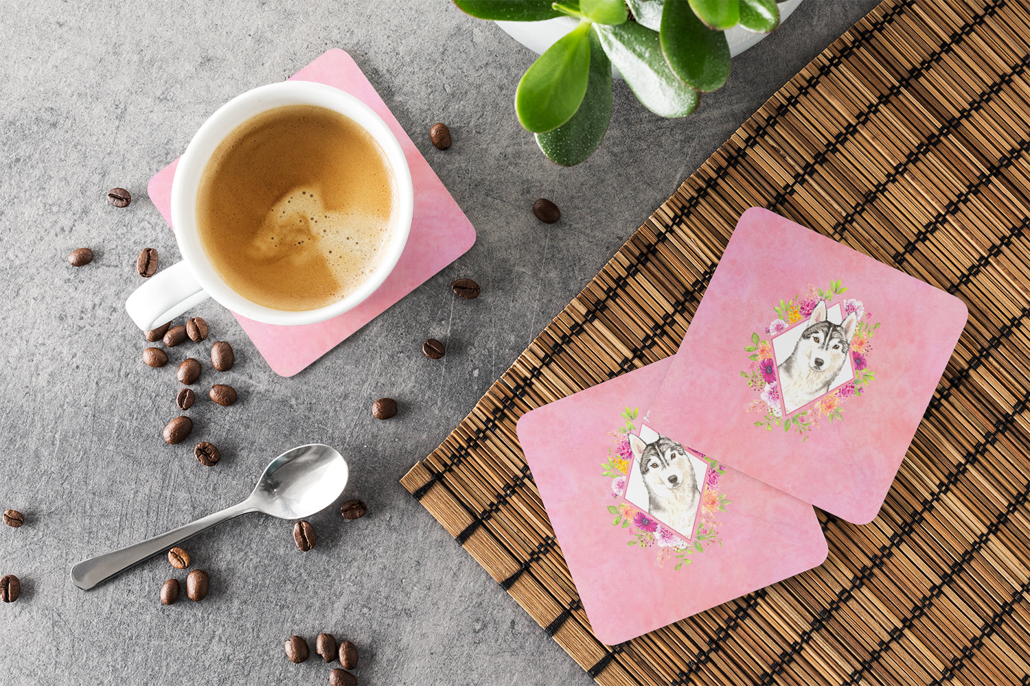 Siberian Husky Pink Flowers Foam Coasters Set of 4 Cup Coasters for Indoor Outdoor, Tabletop Protection, Anti Slip, Mouse pad Material