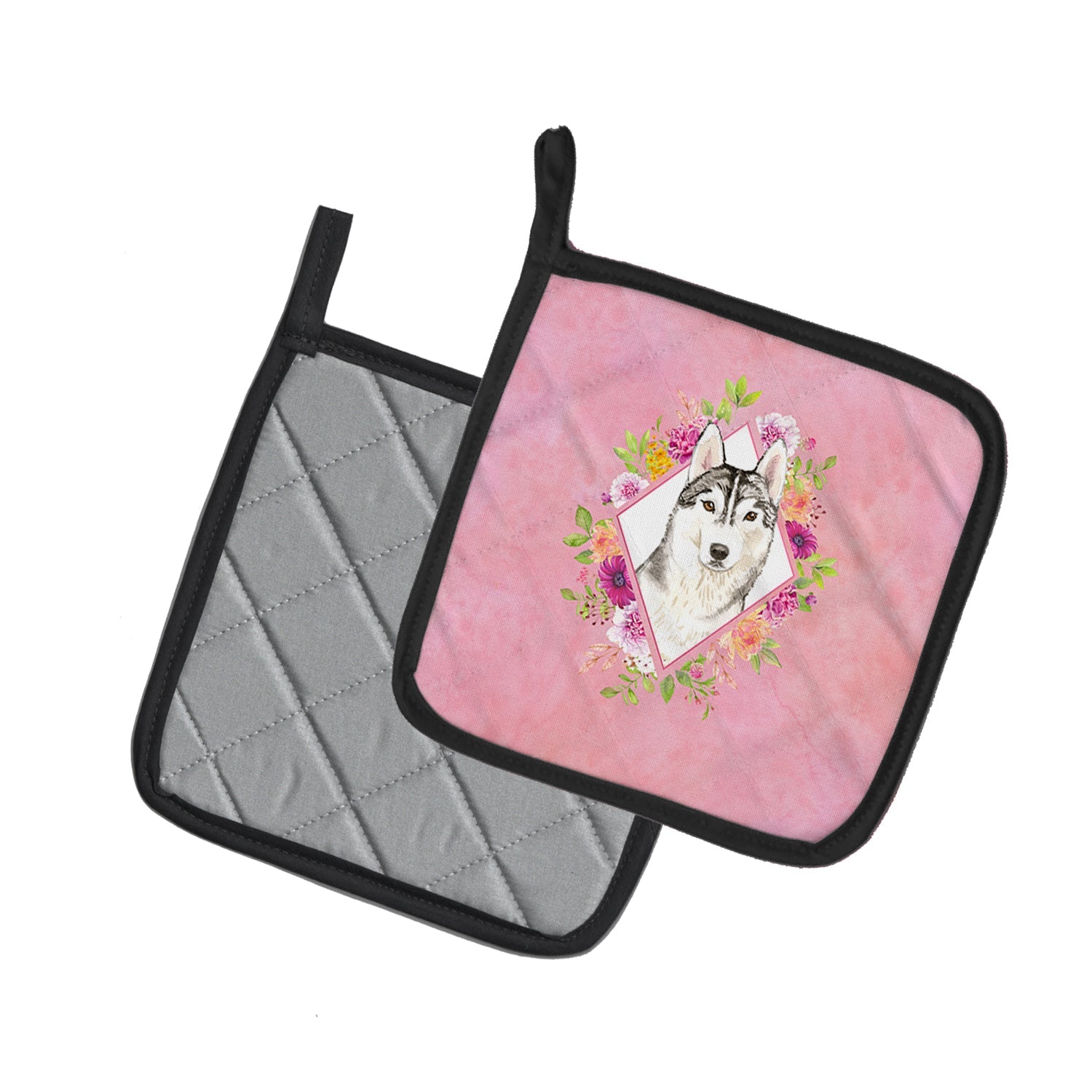 Siberian Husky Pink Flowers Pot Holder Set of 2 Heat Resistant Quilted Hot Pads 7.5 x 7.5 Inch, Insulated Kitchen Trivets for Cooking & Baking