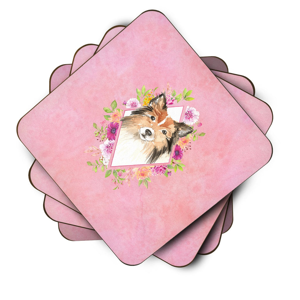 Sheltie Pink Flowers Foam Coasters Set of 4 Cup Coasters for Indoor Outdoor, Tabletop Protection, Anti Slip, Mouse pad Material
