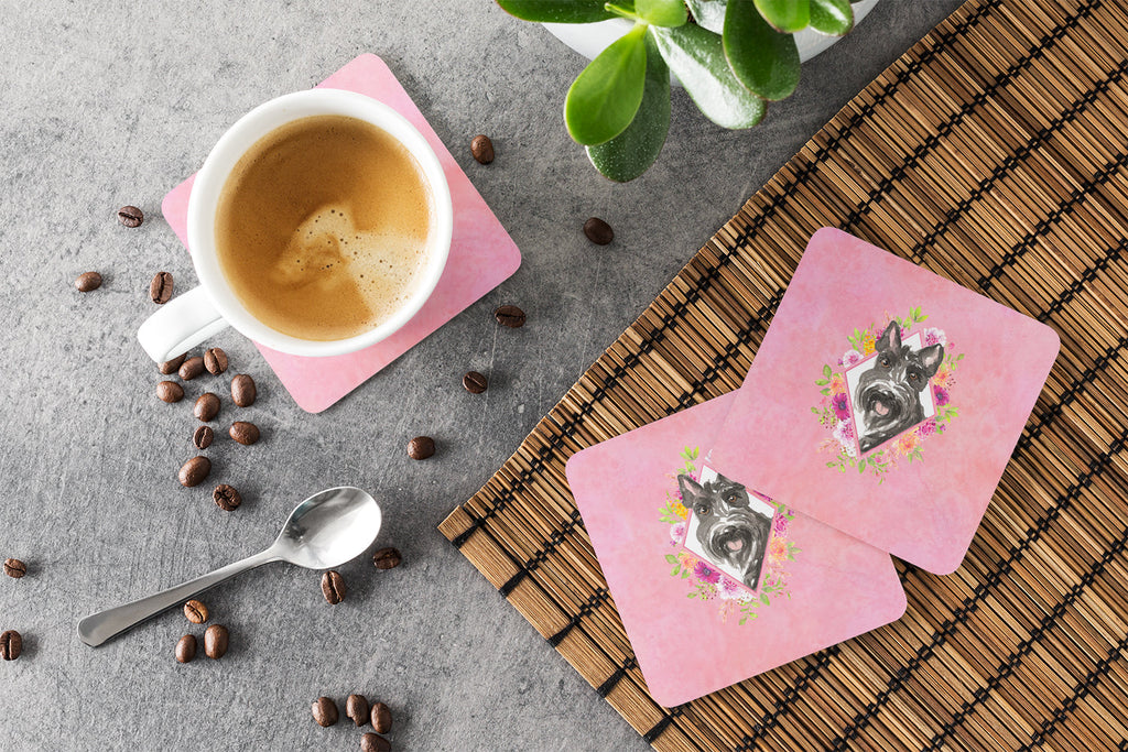 Scottish Terrier Pink Flowers Foam Coasters Set of 4 Cup Coasters for Indoor Outdoor, Tabletop Protection, Anti Slip, Mouse pad Material
