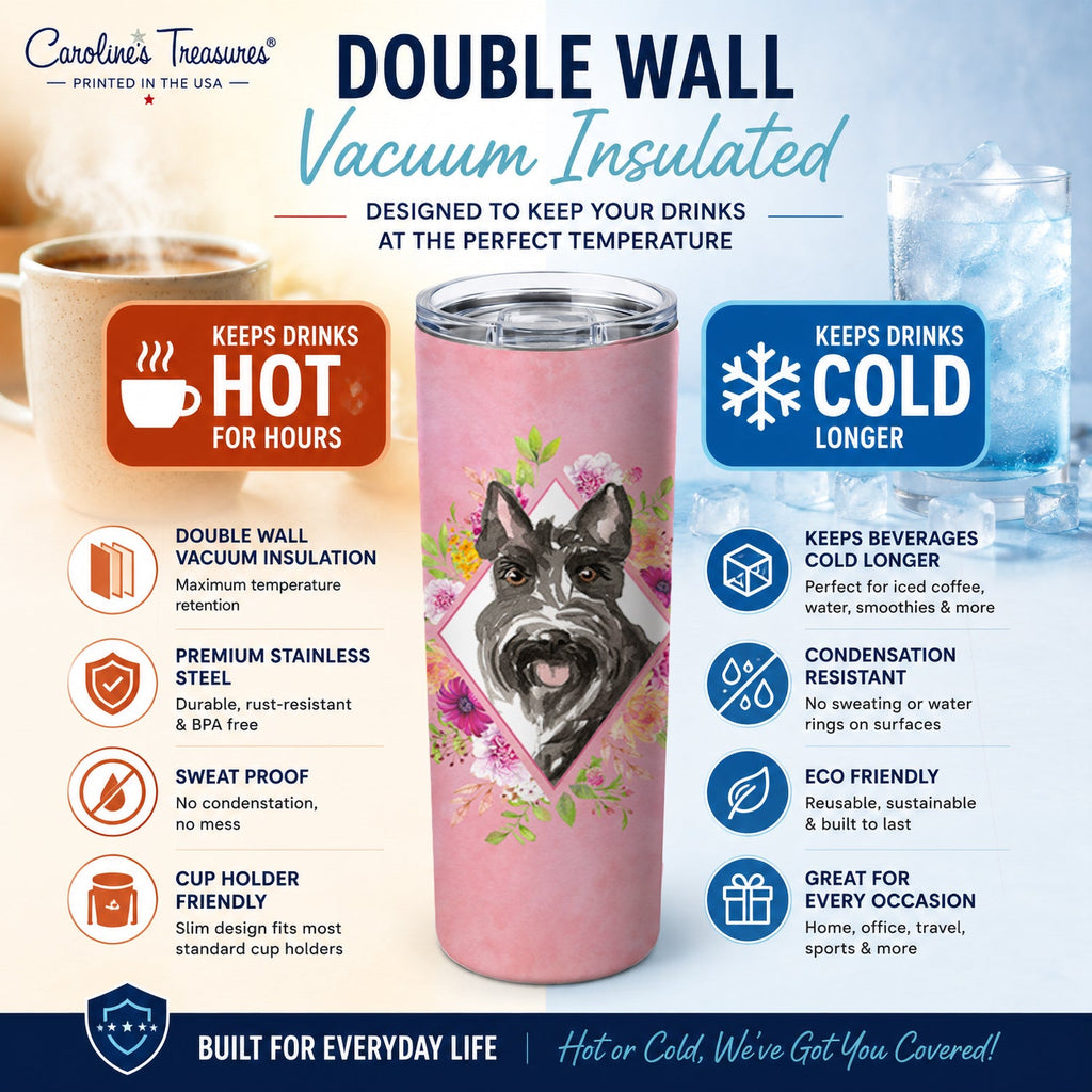 Scottish Terrier Pink Flowers Stainless Steel Skinny Tumbler 20 oz Vacuum Double Walled Reusable Insulated Travel Cup