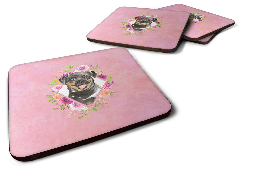 Rottweiler Pink Flowers Foam Coasters Set of 4 Cup Coasters for Indoor Outdoor, Tabletop Protection, Anti Slip, Mouse pad Material