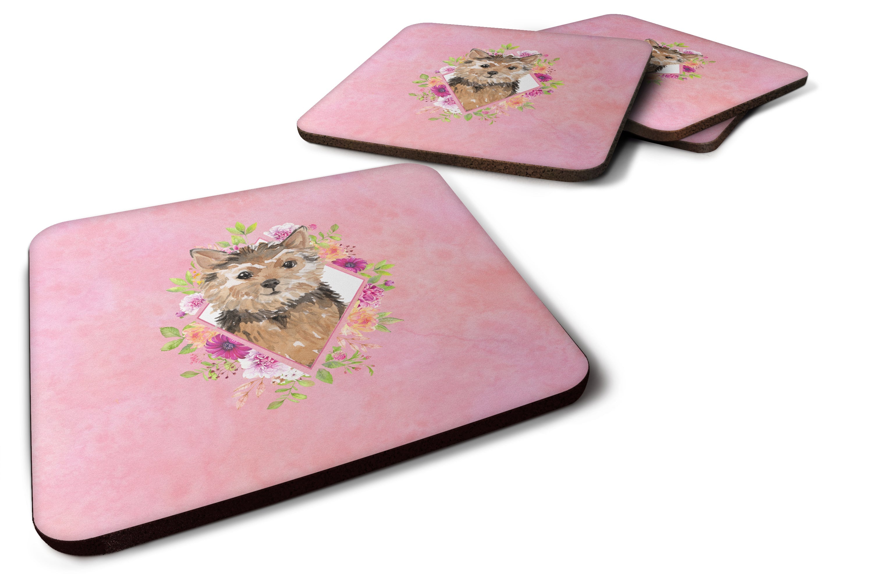 Norwich Terrier Pink Flowers Foam Coasters Set of 4 Cup Coasters for Indoor Outdoor, Tabletop Protection, Anti Slip, Mouse pad Material