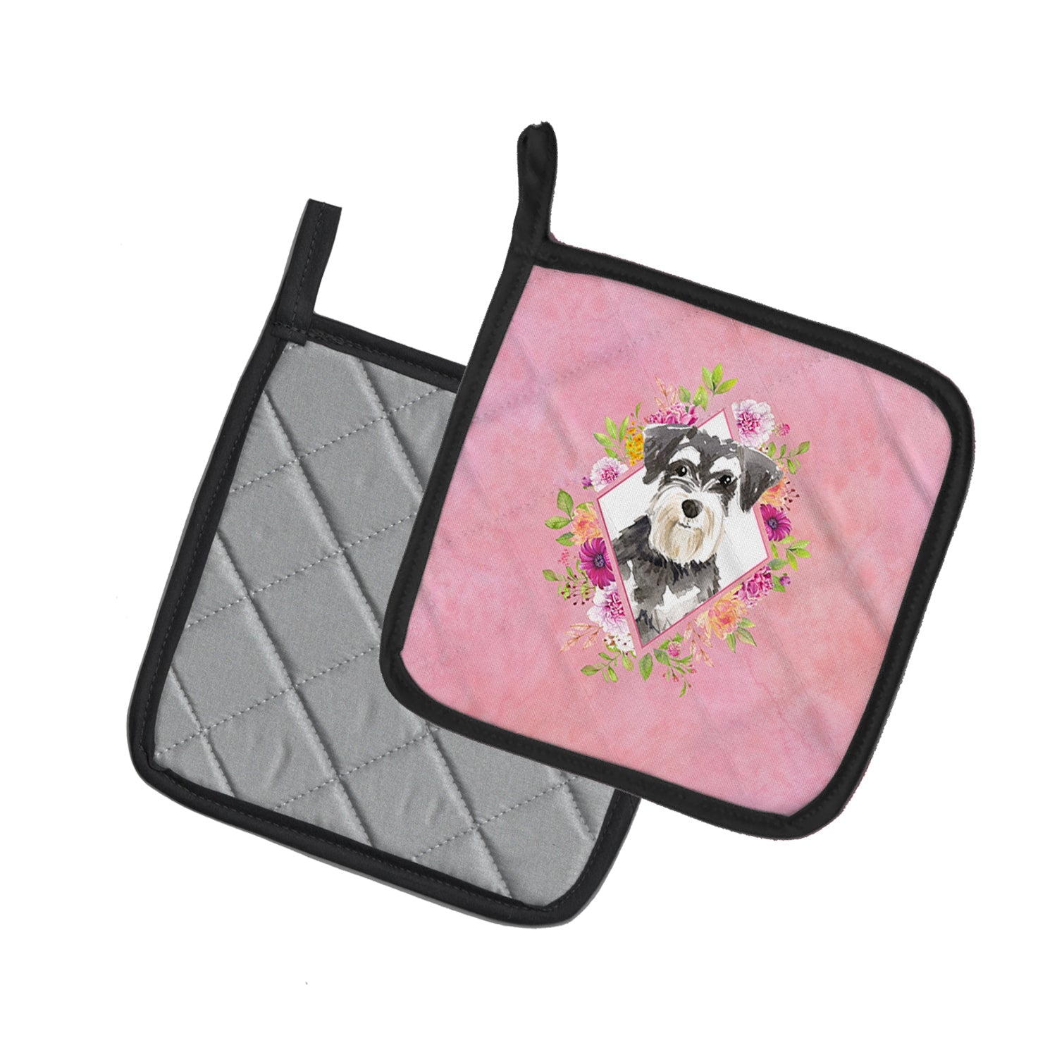 Schnauzer #2 Pink Flowers Pot Holder Set of 2 Heat Resistant Quilted Hot Pads 7.5 x 7.5 Inch, Insulated Kitchen Trivets for Cooking & Baking