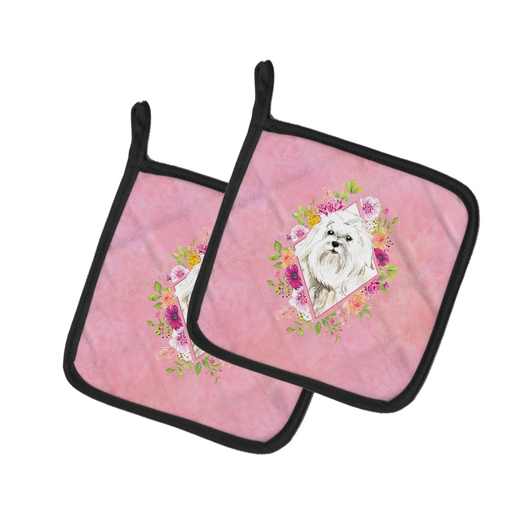 Maltese Pink Flowers Pot Holder Set of 2 Heat Resistant Quilted Hot Pads 7.5 x 7.5 Inch, Insulated Kitchen Trivets for Cooking & Baking