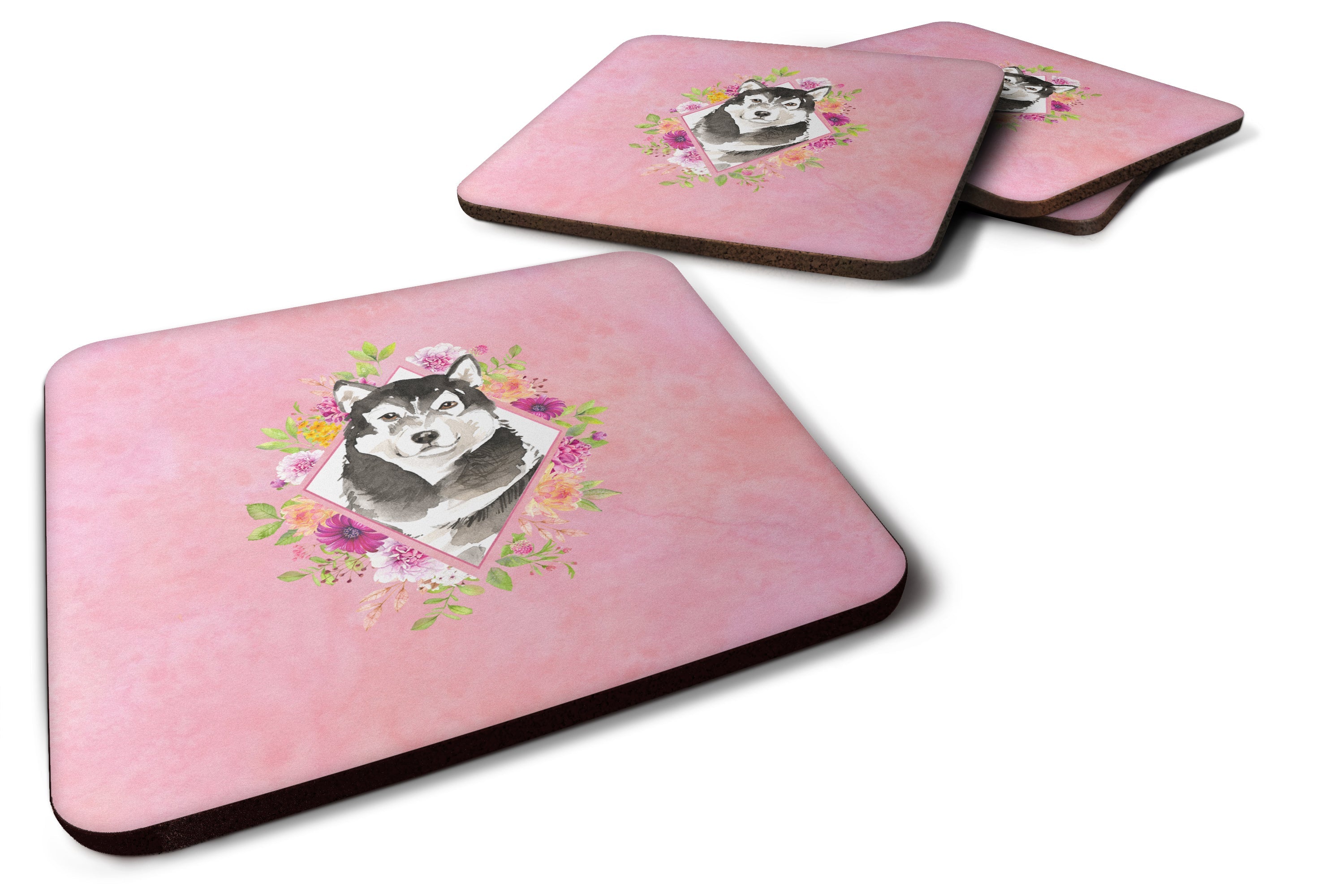 Alaskan Malamute Pink Flowers Foam Coasters Set of 4 Cup Coasters for Indoor Outdoor, Tabletop Protection, Anti Slip, Mouse pad Material