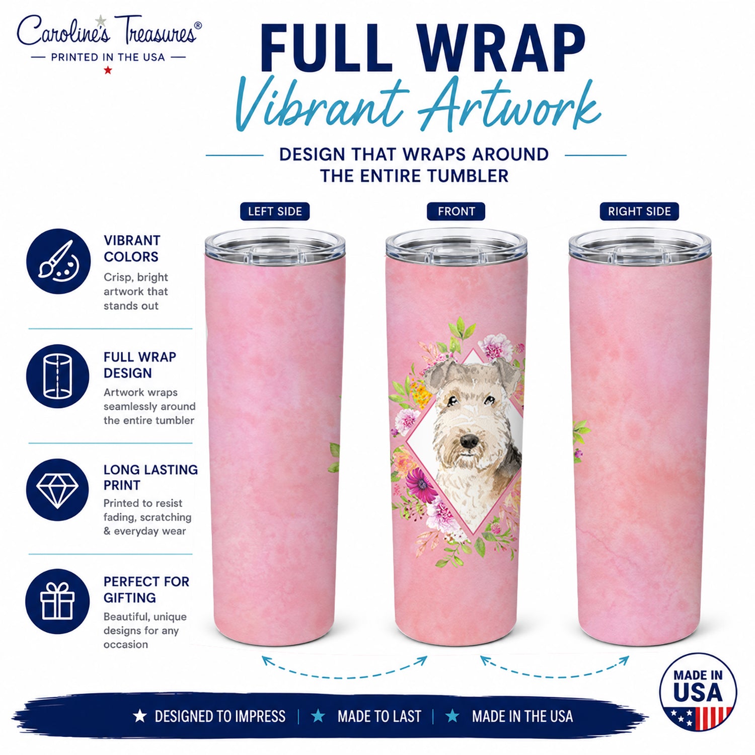 Lakeland Terrier Pink Flowers Stainless Steel Skinny Tumbler 20 oz Vacuum Double Walled Reusable Insulated Travel Cup