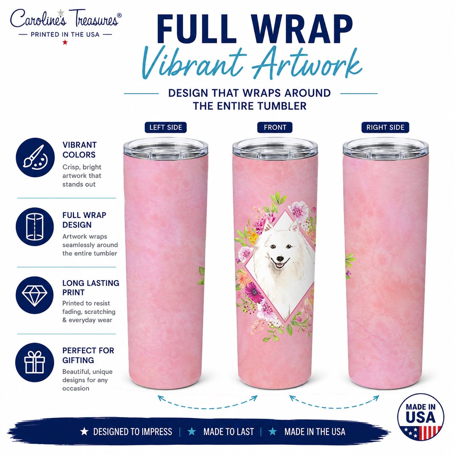 Japanese Spitz Pink Flowers Stainless Steel Skinny Tumbler 20 oz Vacuum Double Walled Reusable Insulated Travel Cup