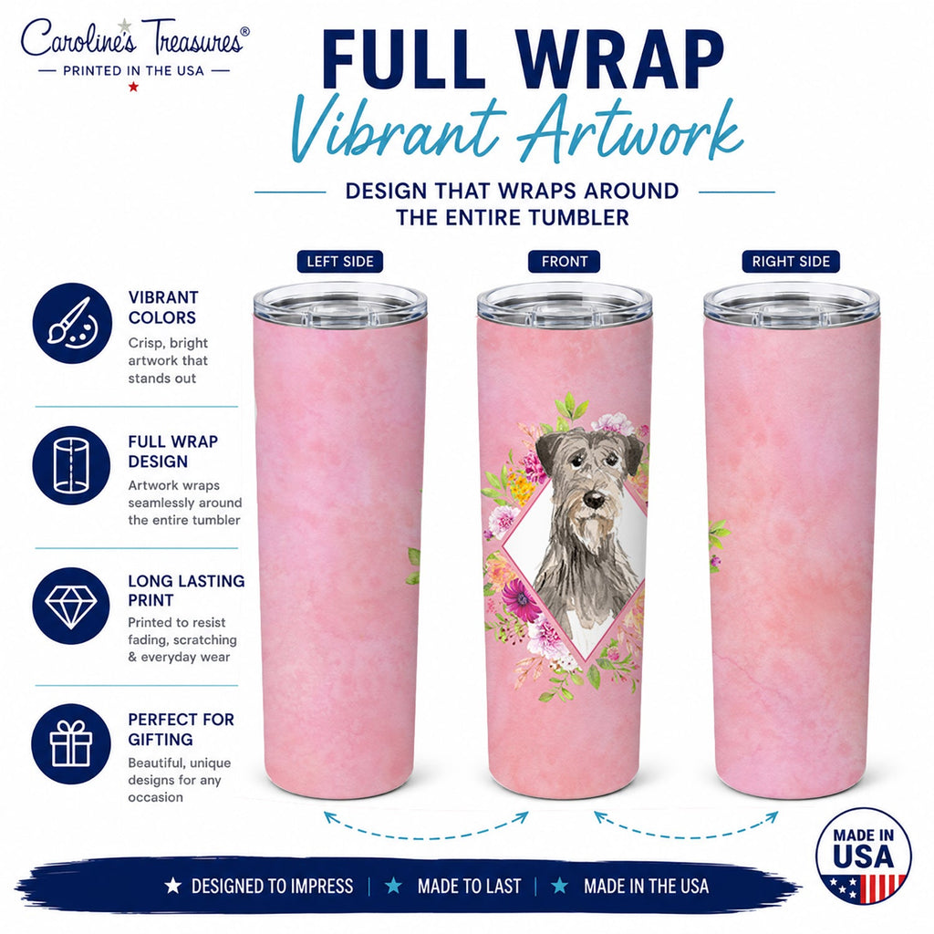 Irish Wolfhound Pink Flowers Stainless Steel Skinny Tumbler 20 oz Vacuum Double Walled Reusable Insulated Travel Cup