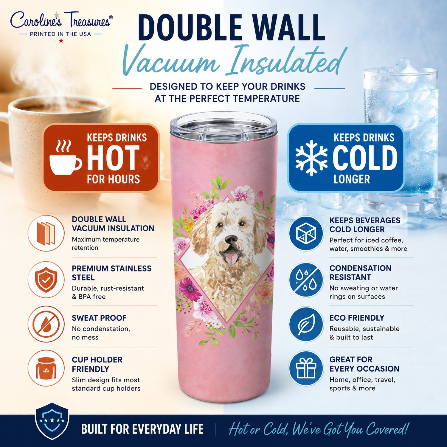 Goldendoodle Pink Flowers Stainless Steel Skinny Tumbler 20 oz Vacuum Double Walled Reusable Insulated Travel Cup