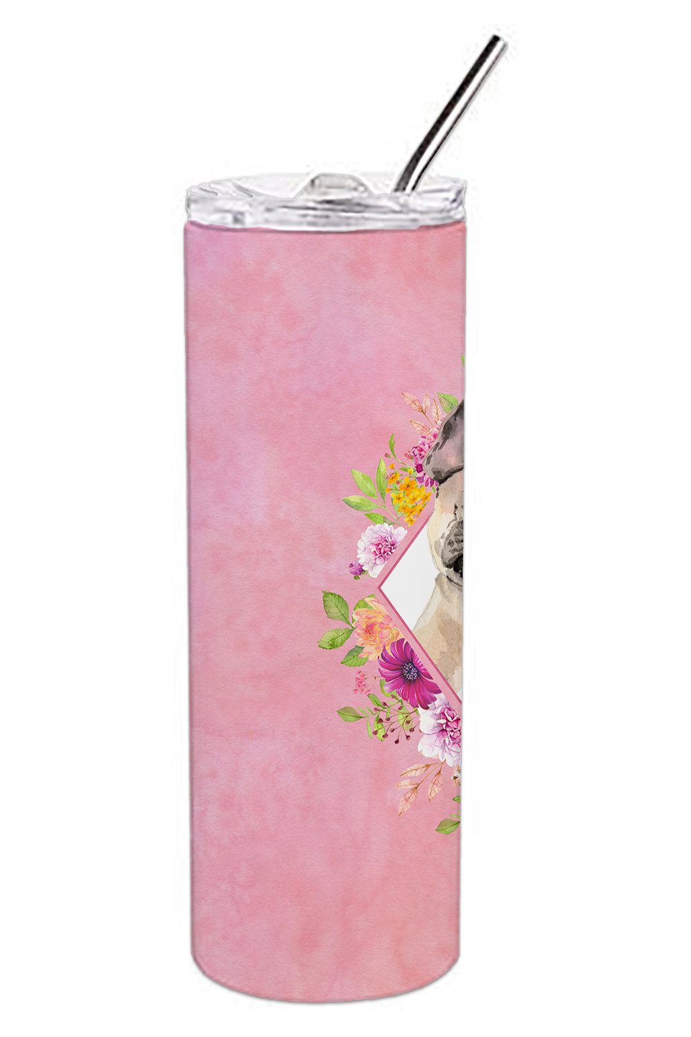 Fawn French Bulldog Pink Flowers Stainless Steel Skinny Tumbler 20 oz Vacuum Double Walled Reusable Insulated Travel Cup