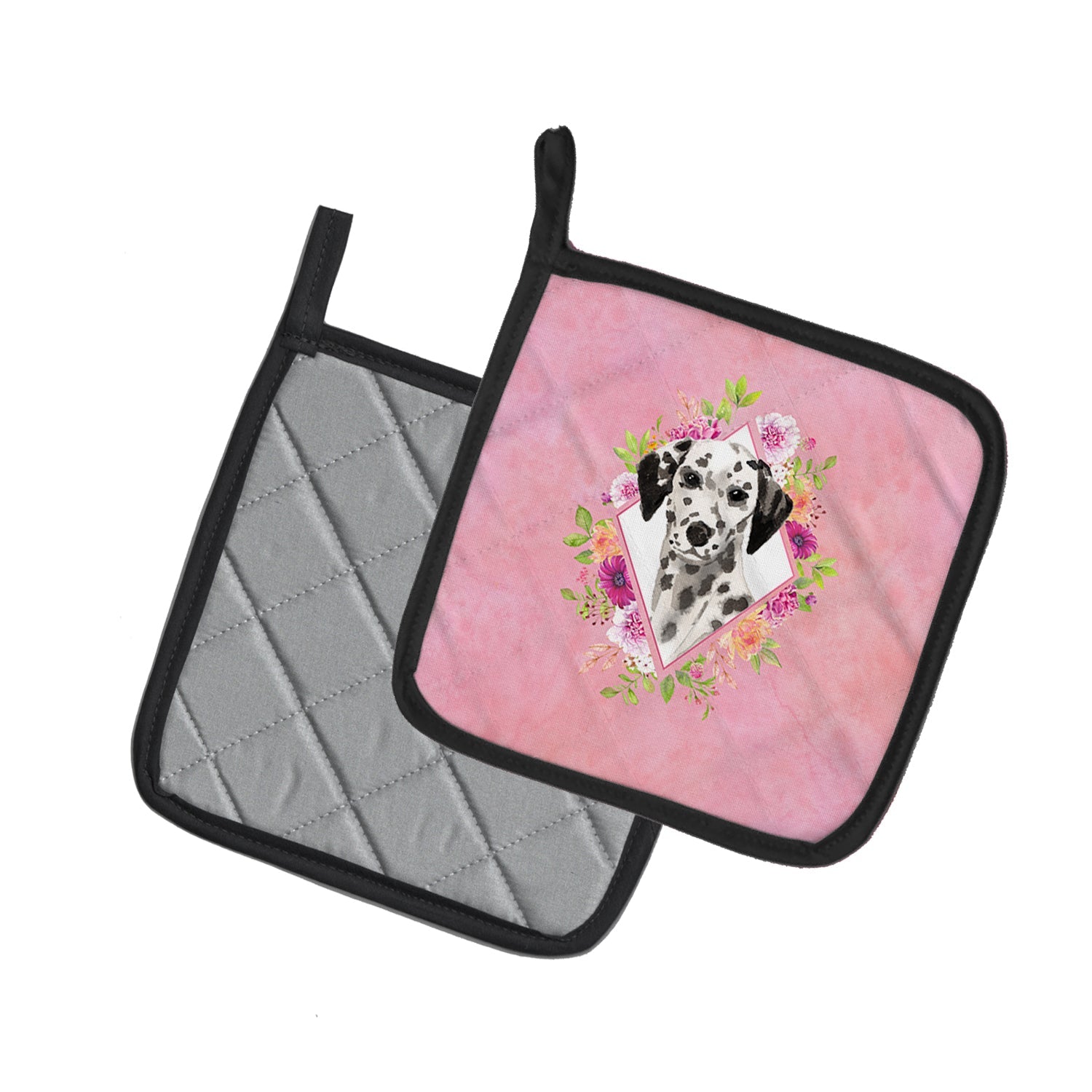 Dalmatian Pink Flowers Pot Holder Set of 2 Heat Resistant Quilted Hot Pads 7.5 x 7.5 Inch, Insulated Kitchen Trivets for Cooking & Baking