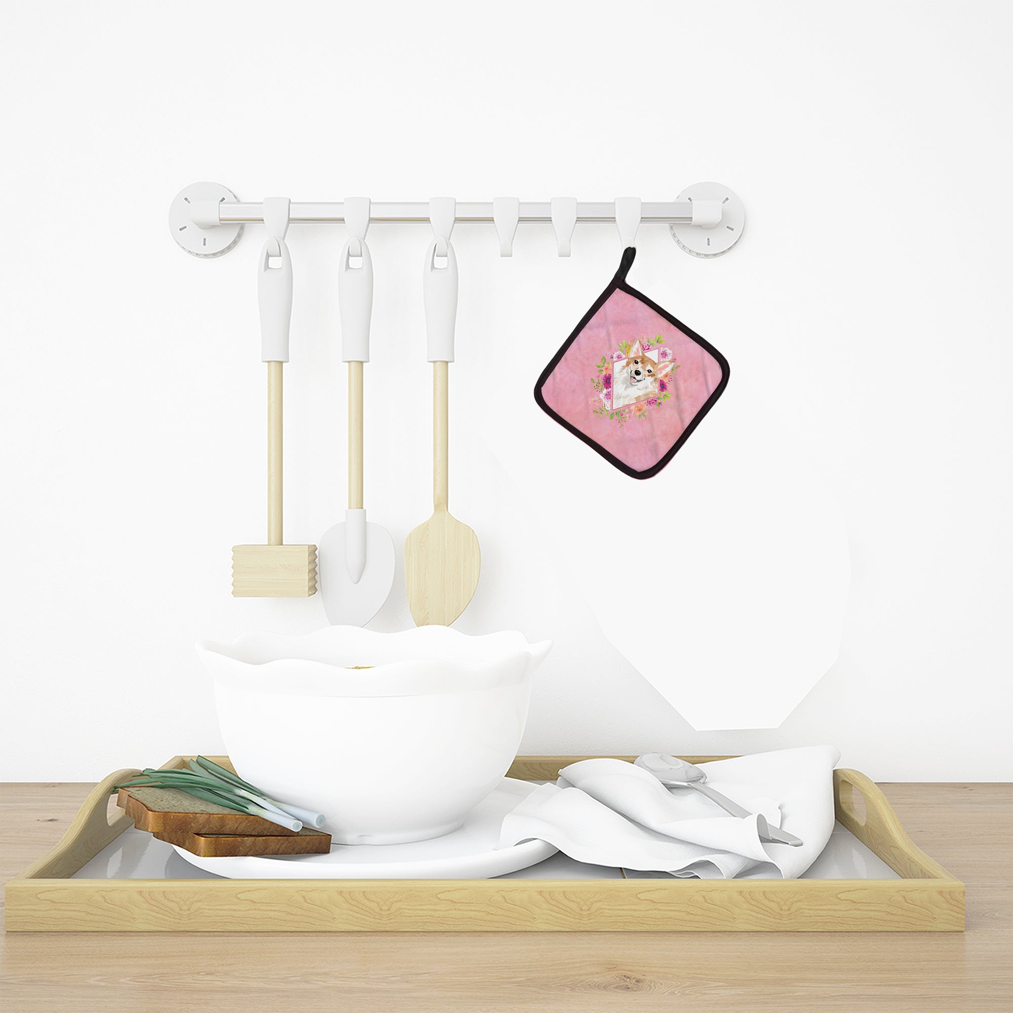 Corgi Pink Flowers Pot Holder Set of 2 Heat Resistant Quilted Hot Pads 7.5 x 7.5 Inch, Insulated Kitchen Trivets for Cooking & Baking