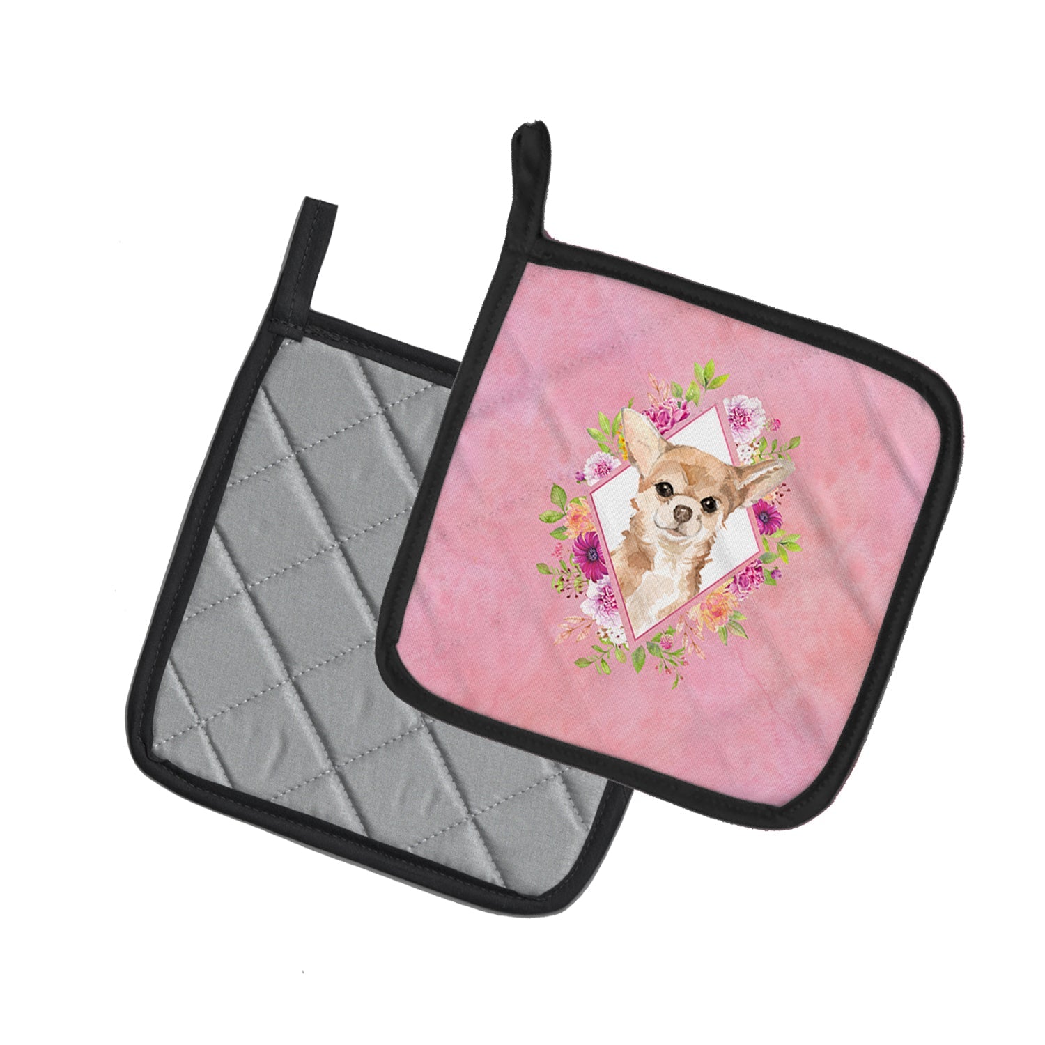 Chihuahua Pink Flowers Pot Holder Set of 2 Heat Resistant Quilted Hot Pads 7.5 x 7.5 Inch, Insulated Kitchen Trivets for Cooking & Baking