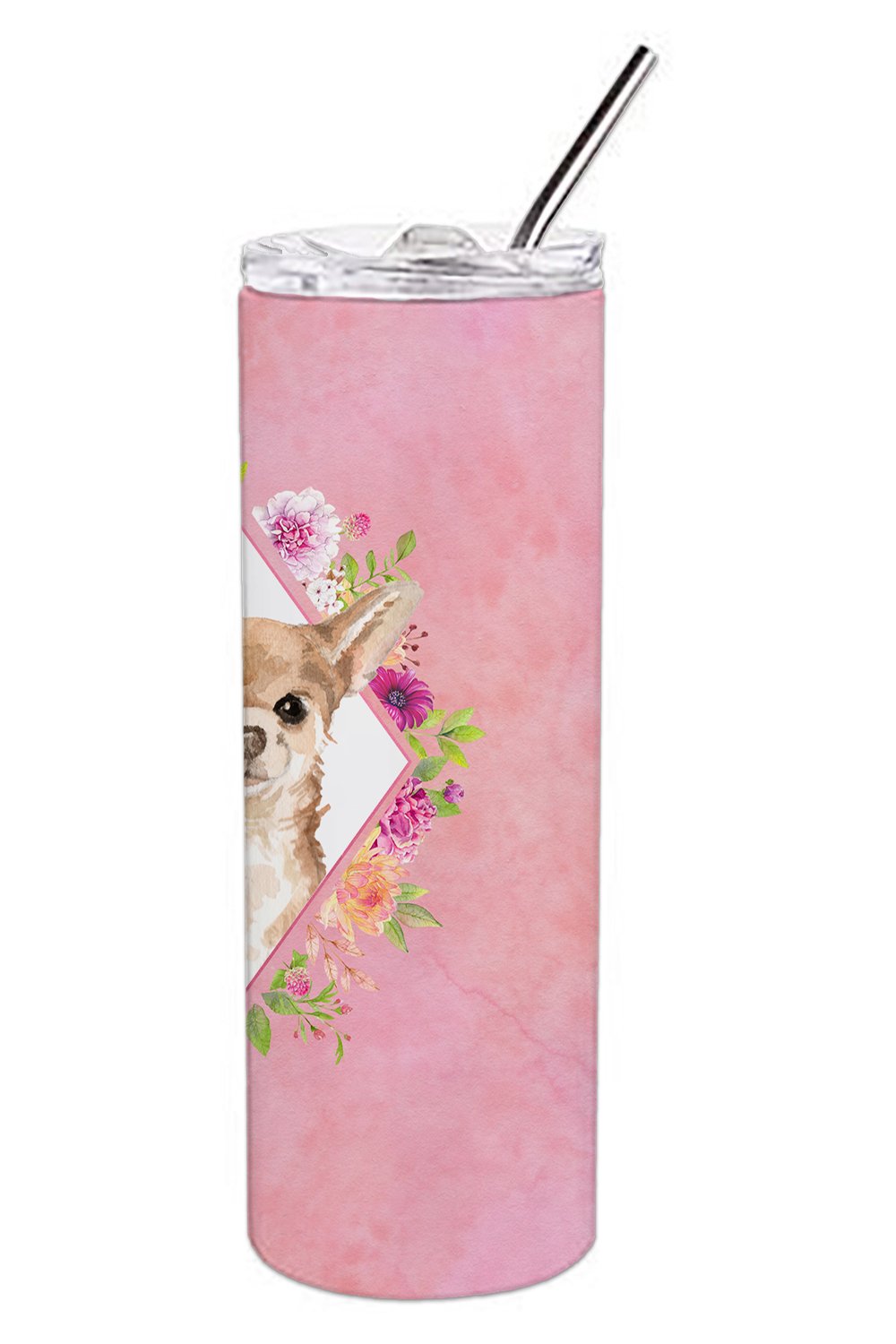 Chihuahua Pink Flowers Stainless Steel Skinny Tumbler 20 oz Vacuum Double Walled Reusable Insulated Travel Cup