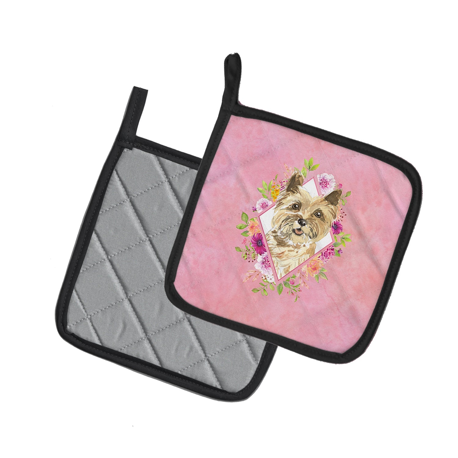 Cairn Terrier Pink Flowers Pot Holder Set of 2 Heat Resistant Quilted Hot Pads 7.5 x 7.5 Inch, Insulated Kitchen Trivets for Cooking & Baking