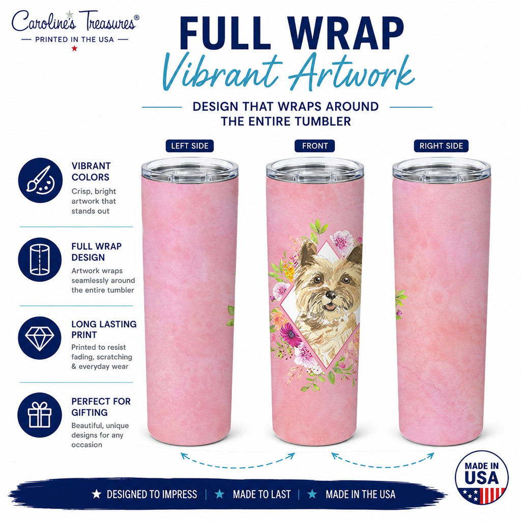 Cairn Terrier Pink Flowers Stainless Steel Skinny Tumbler 20 oz Vacuum Double Walled Reusable Insulated Travel Cup