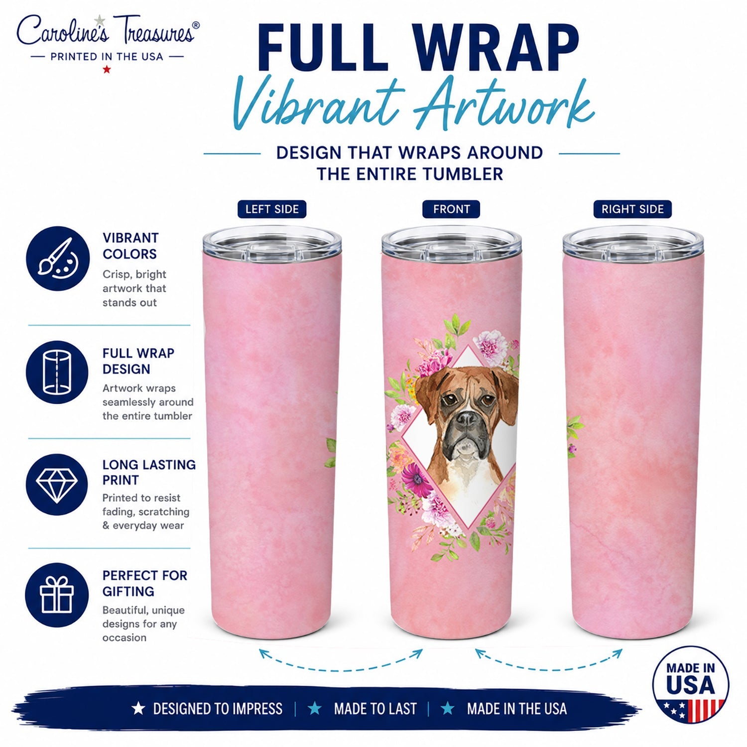 Boxer Pink Flowers Stainless Steel Skinny Tumbler 20 oz Vacuum Double Walled Reusable Insulated Travel Cup