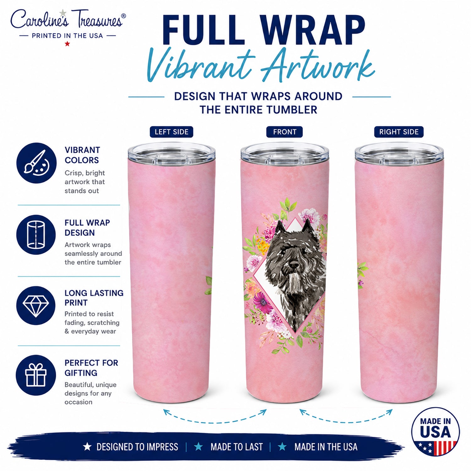 Bouvier des Flandres Pink Flowers Stainless Steel Skinny Tumbler 20 oz Vacuum Double Walled Reusable Insulated Travel Cup