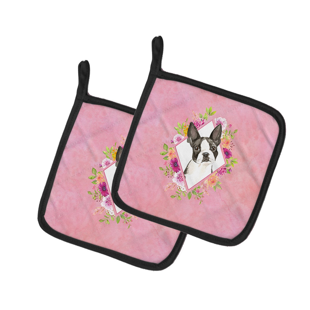 Boston Terrier Pink Flowers Pot Holder Set of 2 Heat Resistant Quilted Hot Pads 7.5 x 7.5 Inch, Insulated Kitchen Trivets for Cooking & Baking