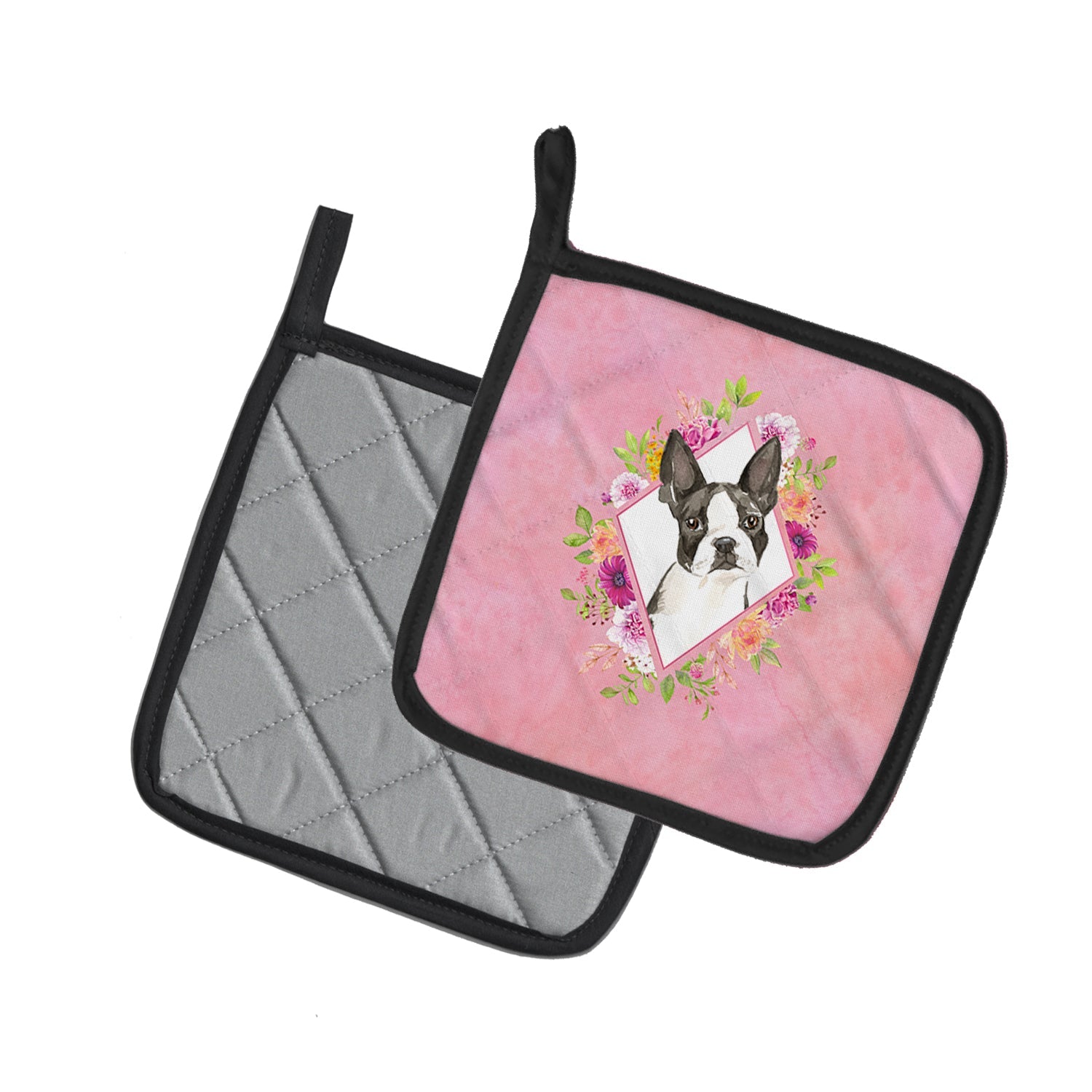 Boston Terrier Pink Flowers Pot Holder Set of 2 Heat Resistant Quilted Hot Pads 7.5 x 7.5 Inch, Insulated Kitchen Trivets for Cooking & Baking