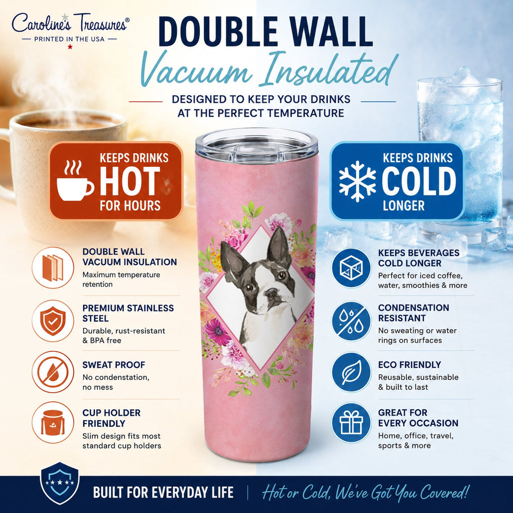 Boston Terrier Pink Flowers Stainless Steel Skinny Tumbler 20 oz Vacuum Double Walled Reusable Insulated Travel Cup