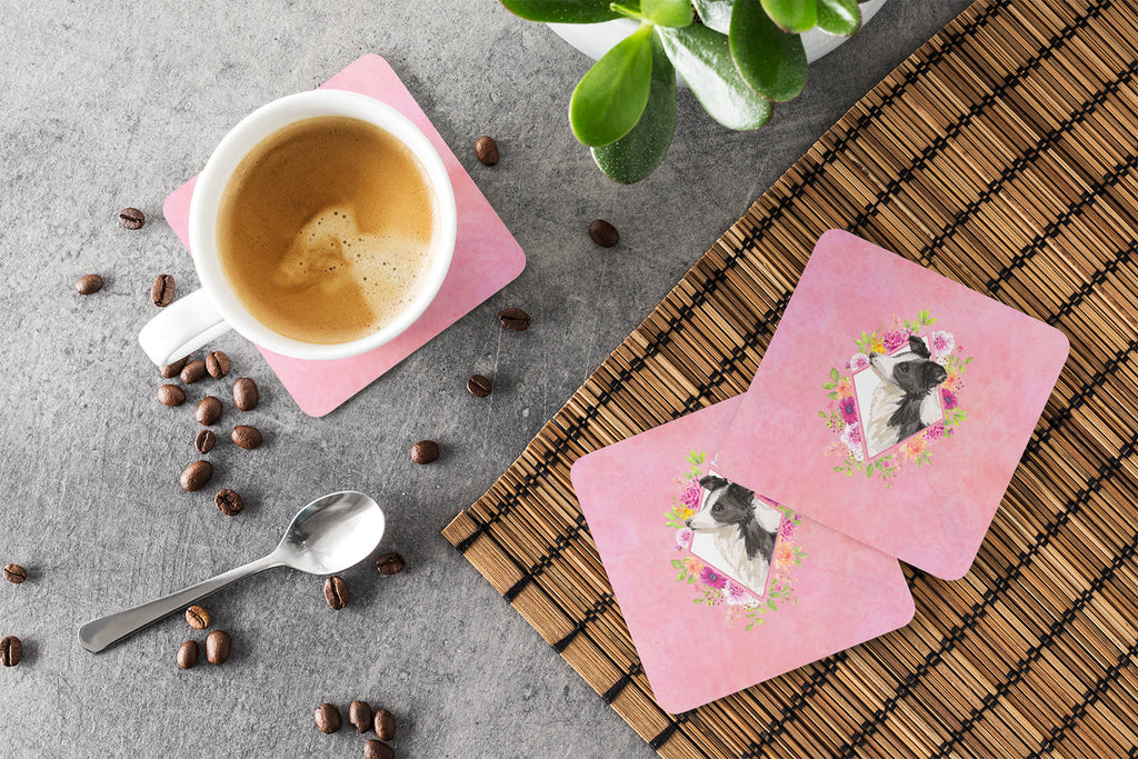 Border Collie Pink Flowers Foam Coasters Set of 4 Cup Coasters for Indoor Outdoor, Tabletop Protection, Anti Slip, Mouse pad Material