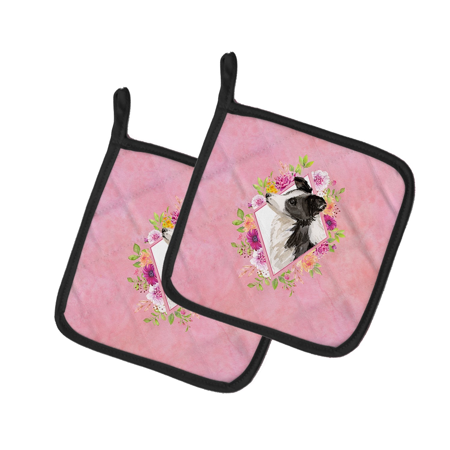 Border Collie Pink Flowers Pot Holder Set of 2 Heat Resistant Quilted Hot Pads 7.5 x 7.5 Inch, Insulated Kitchen Trivets for Cooking & Baking