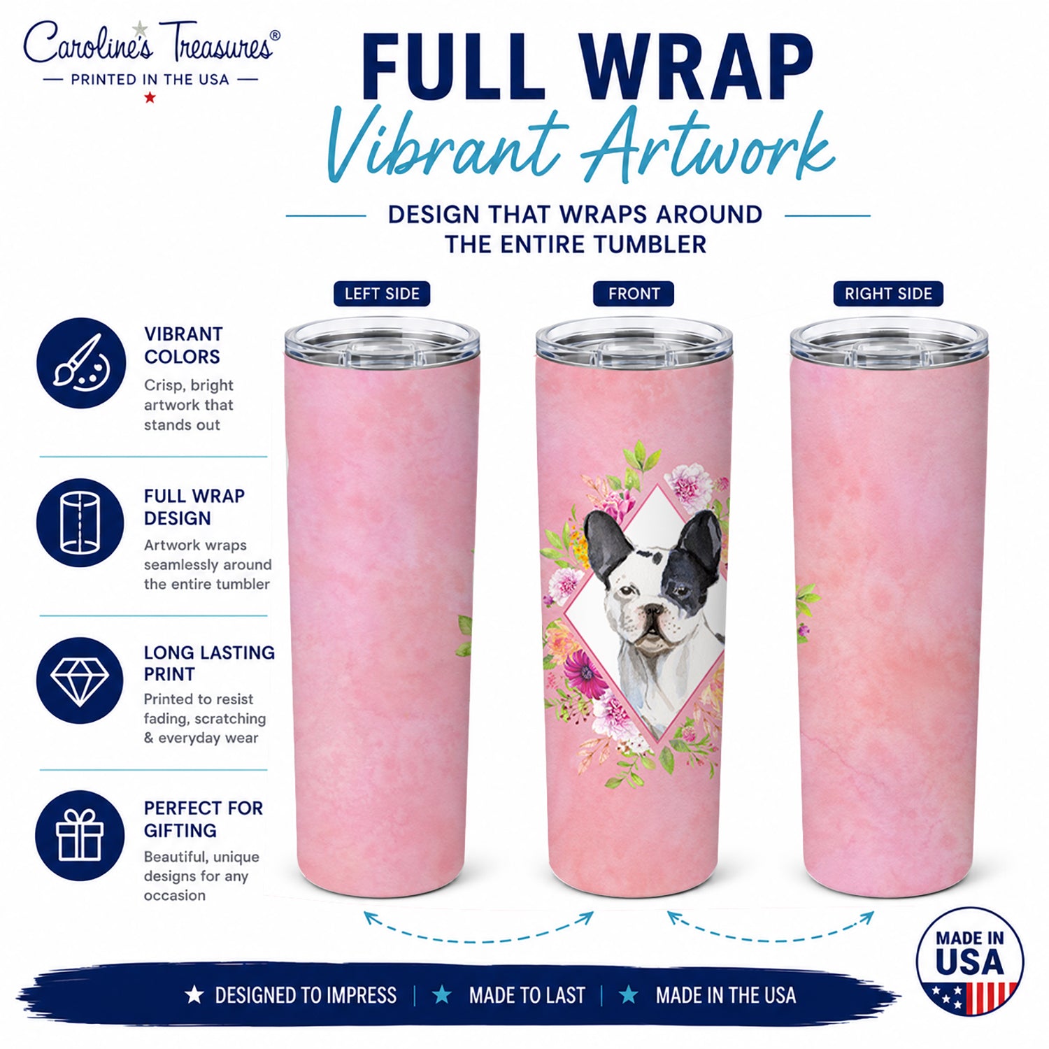 Black and White Frenchie Pink Flowers Stainless Steel Skinny Tumbler 20 oz Vacuum Double Walled Reusable Insulated Travel Cup