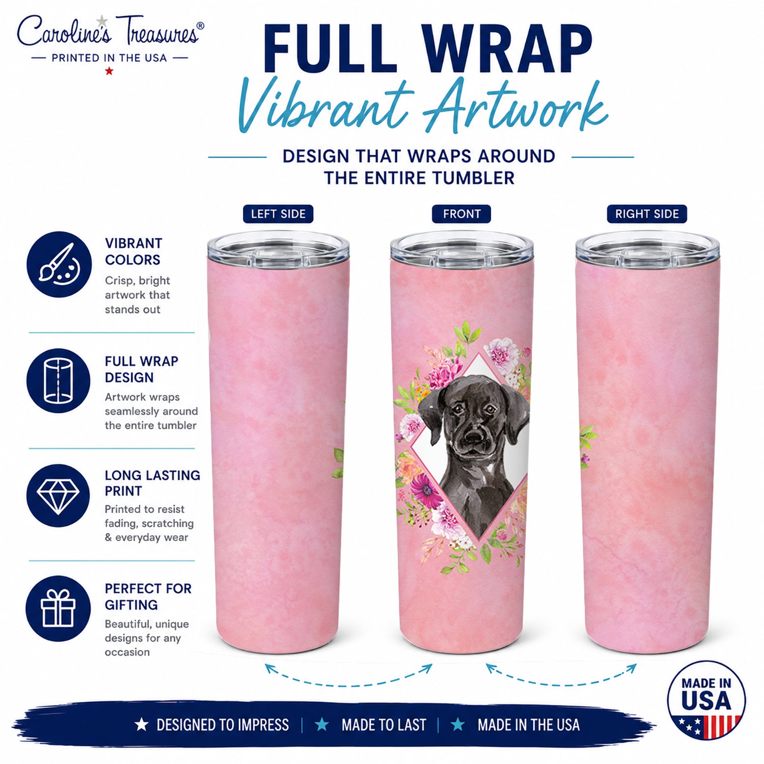 Black Labrador Pink Flowers Stainless Steel Skinny Tumbler 20 oz Vacuum Double Walled Reusable Insulated Travel Cup
