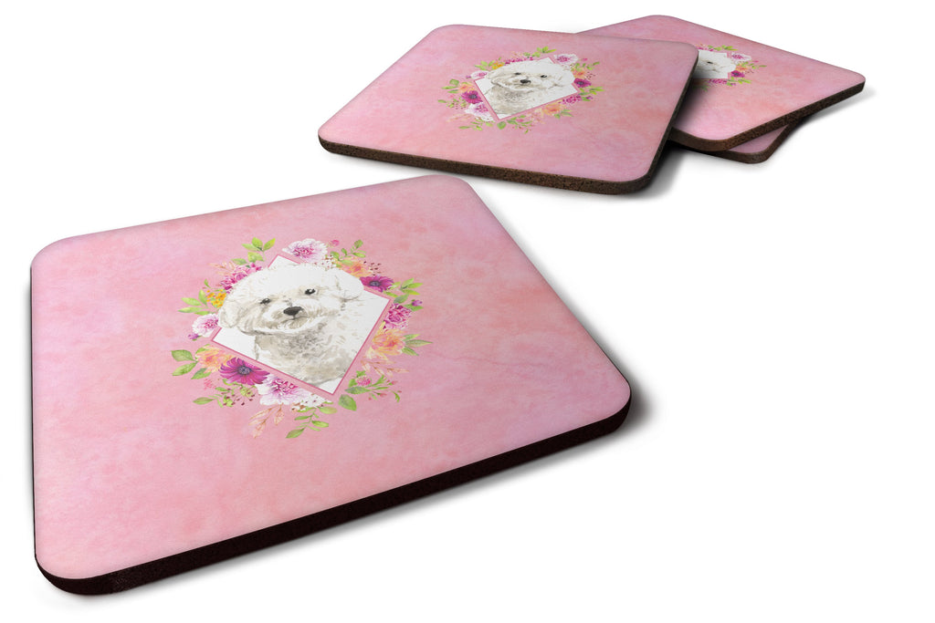 Bichon Frise Pink Flowers Foam Coasters Set of 4 Cup Coasters for Indoor Outdoor, Tabletop Protection, Anti Slip, Mouse pad Material