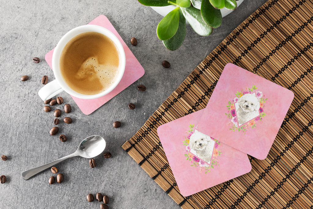 Bichon Frise Pink Flowers Foam Coasters Set of 4 Cup Coasters for Indoor Outdoor, Tabletop Protection, Anti Slip, Mouse pad Material