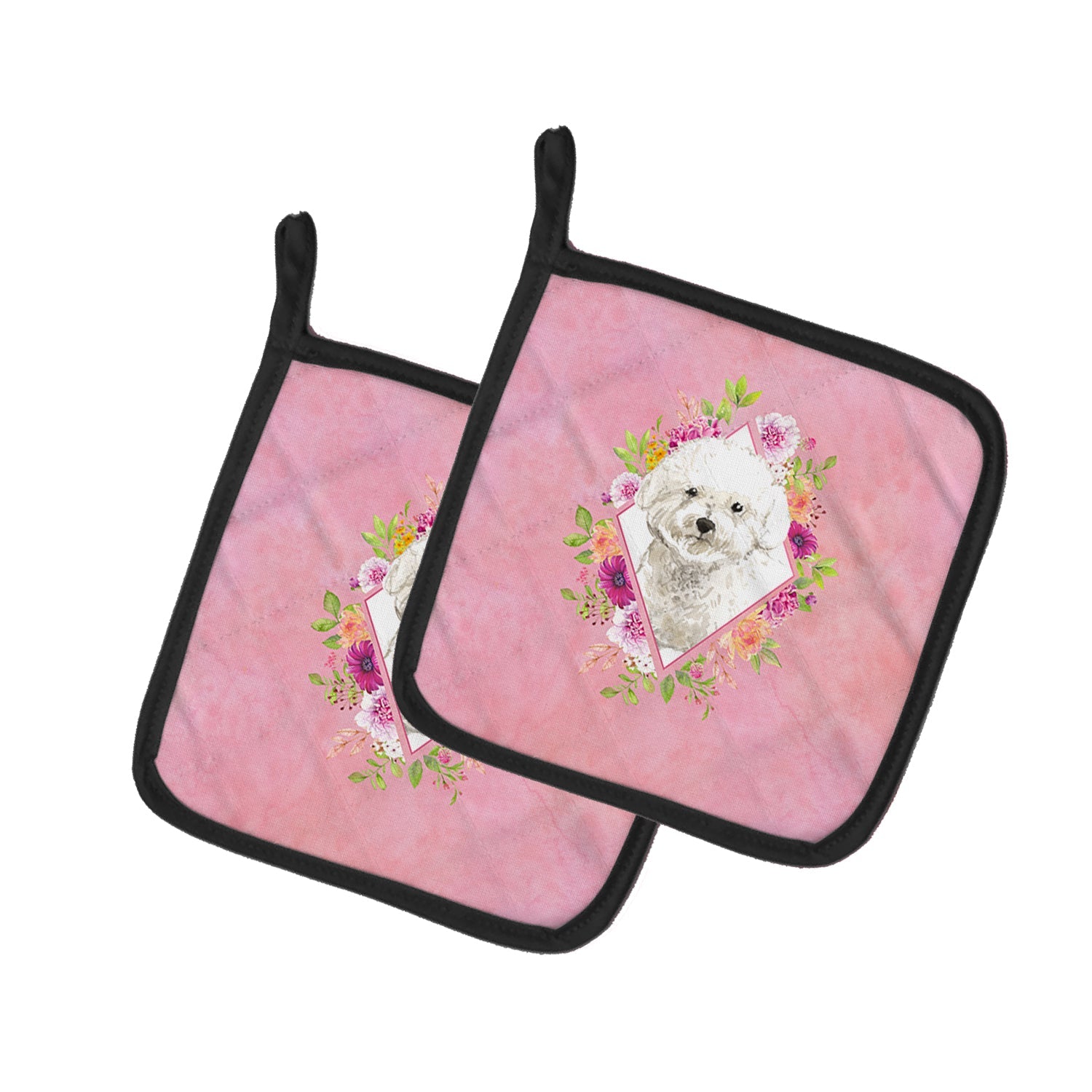 Bichon Frise Pink Flowers Pot Holder Set of 2 Heat Resistant Quilted Hot Pads 7.5 x 7.5 Inch, Insulated Kitchen Trivets for Cooking & Baking