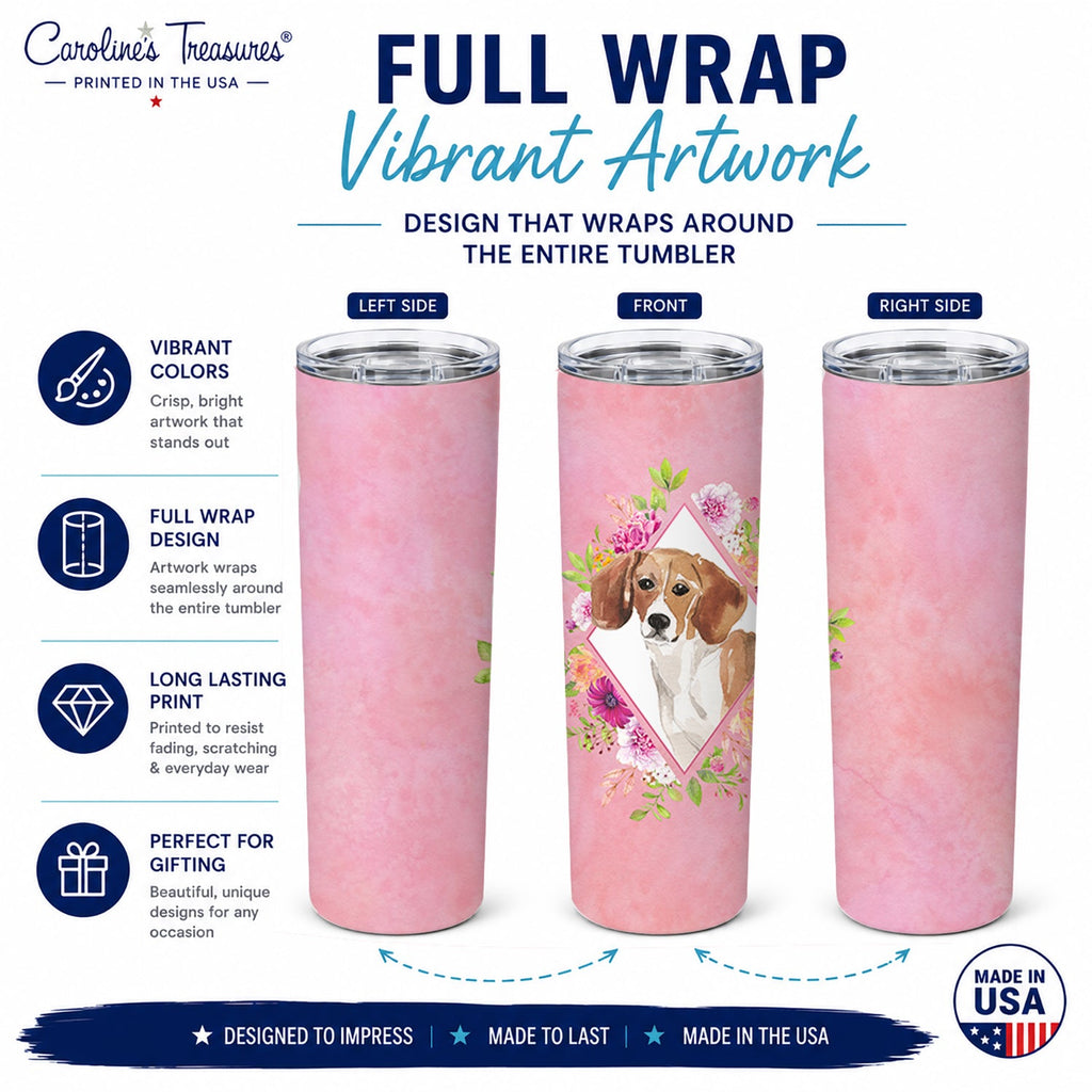 Beagle Pink Flowers Stainless Steel Skinny Tumbler 20 oz Vacuum Double Walled Reusable Insulated Travel Cup