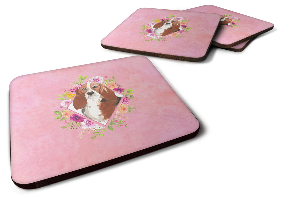 Basset Hound Pink Flowers Foam Coasters Set of 4 Cup Coasters for Indoor Outdoor, Tabletop Protection, Anti Slip, Mouse pad Material