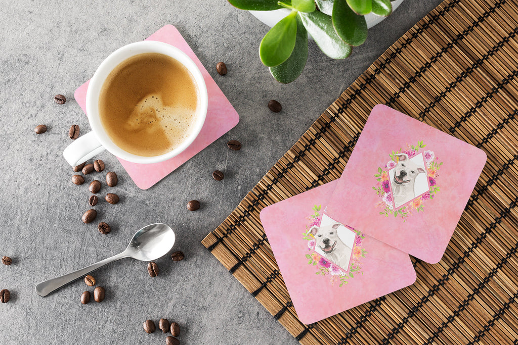 White Pit Bull Terrier Pink Flowers Foam Coasters Set of 4 Cup Coasters for Indoor Outdoor, Tabletop Protection, Anti Slip, Mouse pad Material