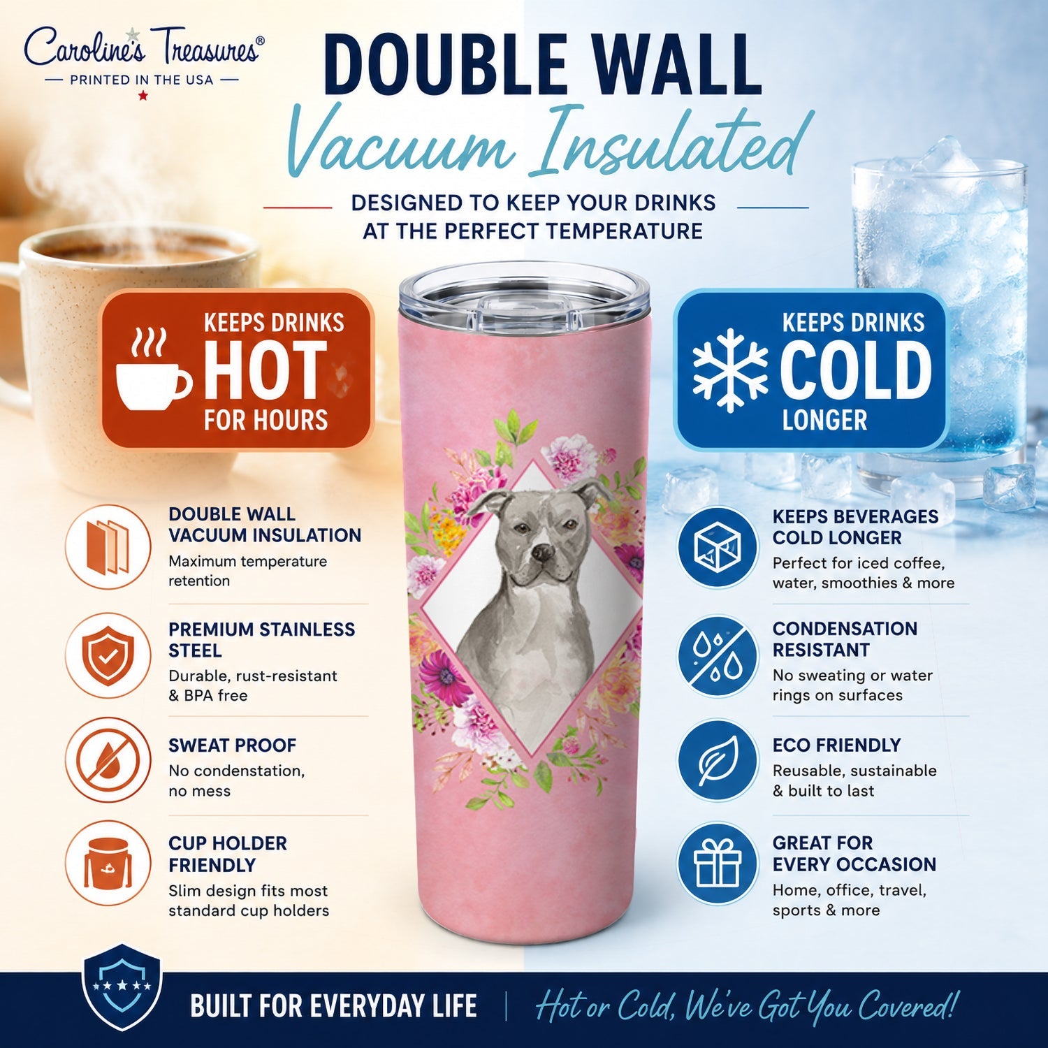 Blue Pit Bull Terrier Pink Flowers Stainless Steel Skinny Tumbler 20 oz Vacuum Double Walled Reusable Insulated Travel Cup