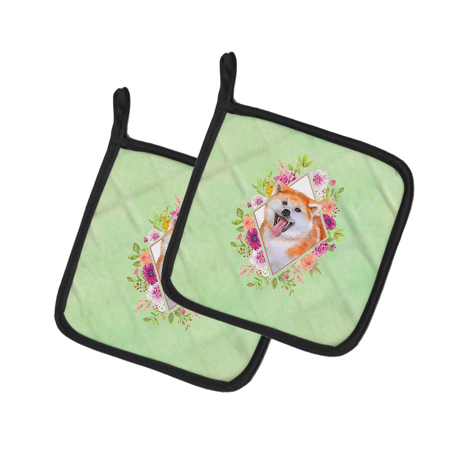 Akita Green Flowers Pot Holder Set of 2 Heat Resistant Quilted Hot Pads 7.5 x 7.5 Inch, Insulated Kitchen Trivets for Cooking & Baking
