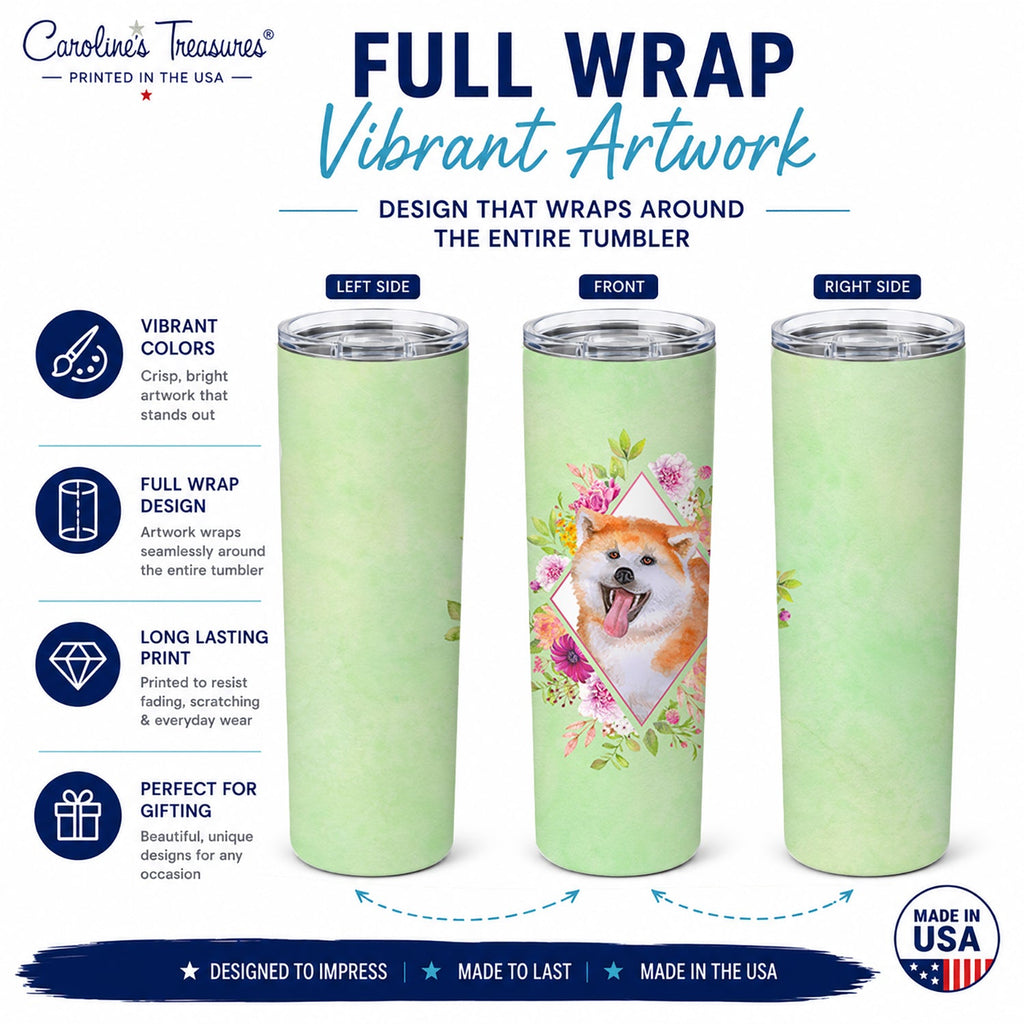 Akita Green Flowers Stainless Steel Skinny Tumbler 20 oz Vacuum Double Walled Reusable Insulated Travel Cup
