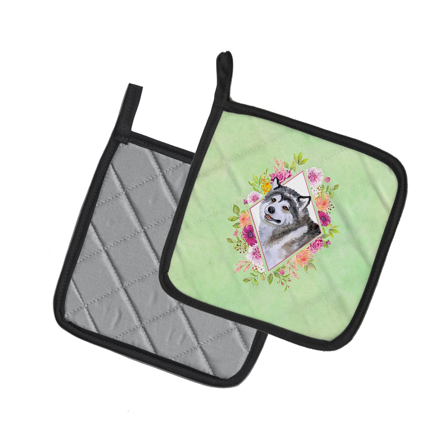 Alaskan Malamute Green Flowers Pot Holder Set of 2 Heat Resistant Quilted Hot Pads 7.5 x 7.5 Inch, Insulated Kitchen Trivets for Cooking & Baking