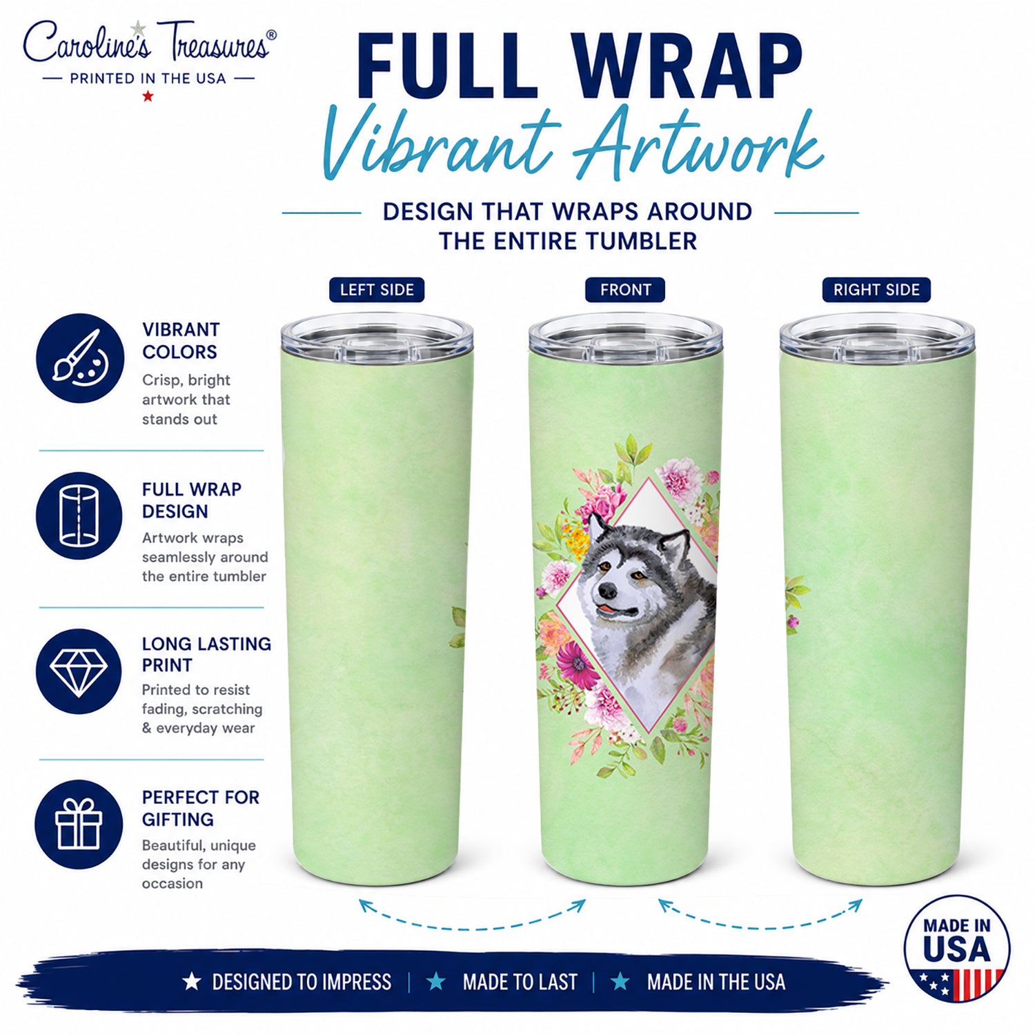 Alaskan Malamute Green Flowers Stainless Steel Skinny Tumbler 20 oz Vacuum Double Walled Reusable Insulated Travel Cup