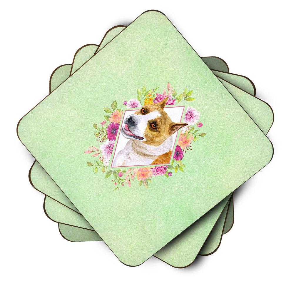 Bull Terrier Green Flowers Foam Coasters Set of 4 Cup Coasters for Indoor Outdoor, Tabletop Protection, Anti Slip, Mouse pad Material