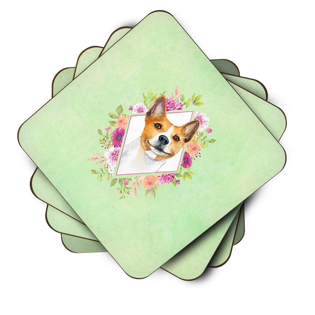 Basenji Green Flowers Foam Coasters Set of 4 Cup Coasters for Indoor Outdoor, Tabletop Protection, Anti Slip, Mouse pad Material