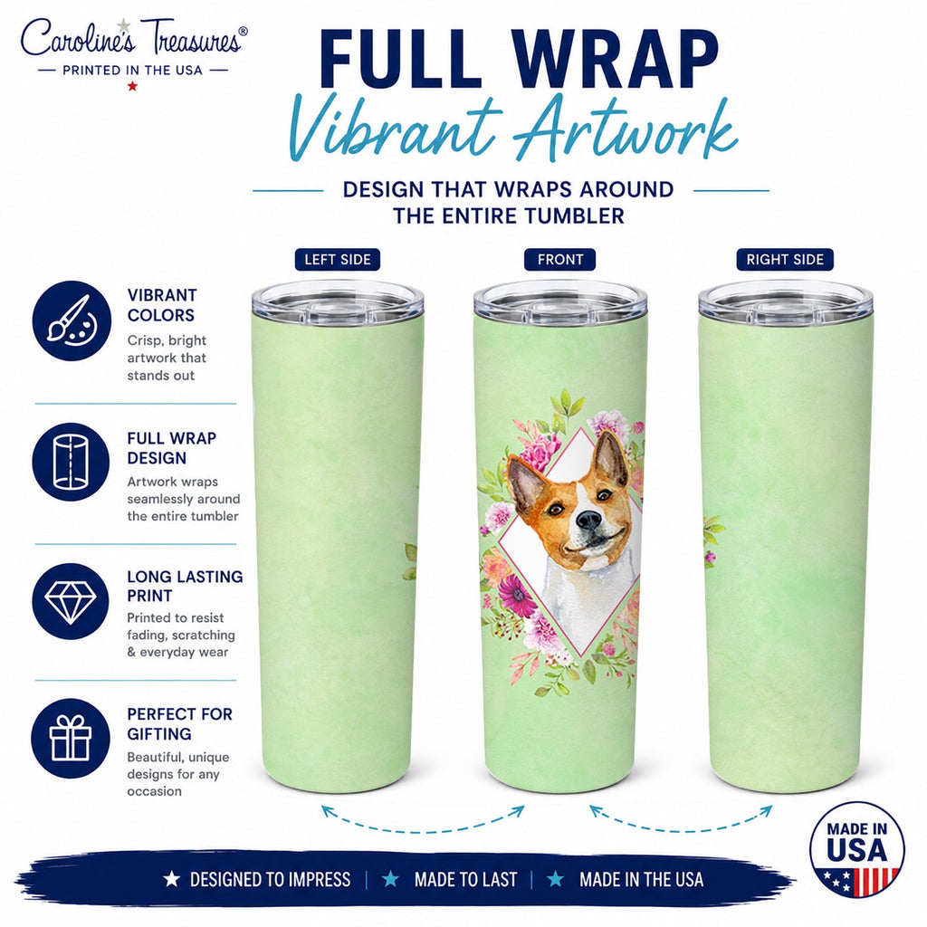Basenji Green Flowers Stainless Steel Skinny Tumbler 20 oz Vacuum Double Walled Reusable Insulated Travel Cup