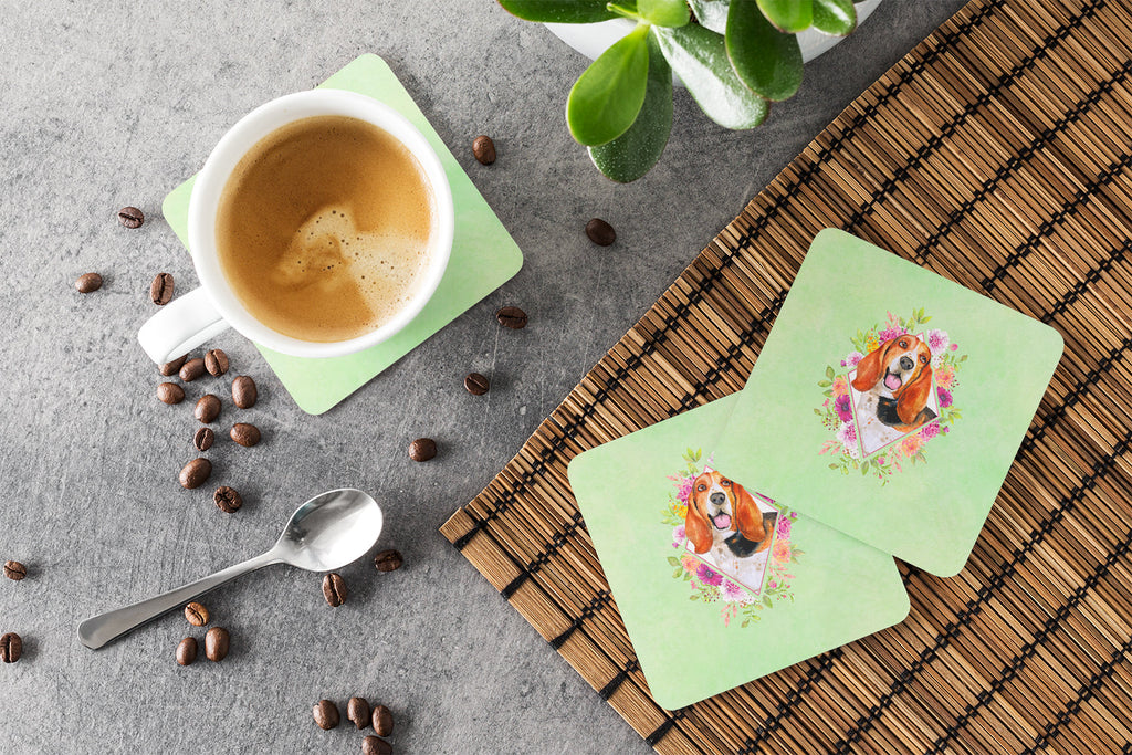 Basset Hound Green Flowers Foam Coasters Set of 4 Cup Coasters for Indoor Outdoor, Tabletop Protection, Anti Slip, Mouse pad Material