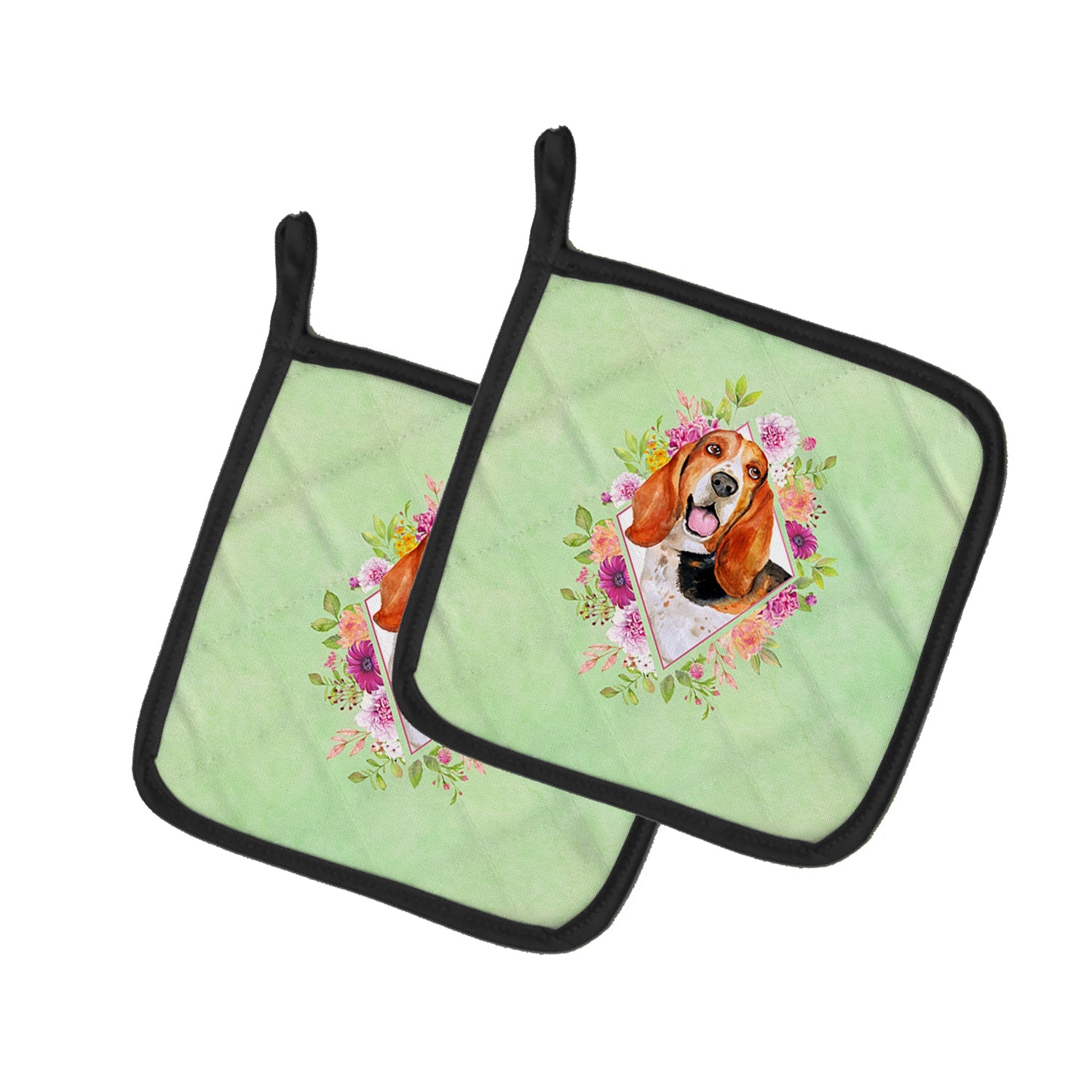 Basset Hound Green Flowers Pot Holder Set of 2 Heat Resistant Quilted Hot Pads 7.5 x 7.5 Inch, Insulated Kitchen Trivets for Cooking & Baking