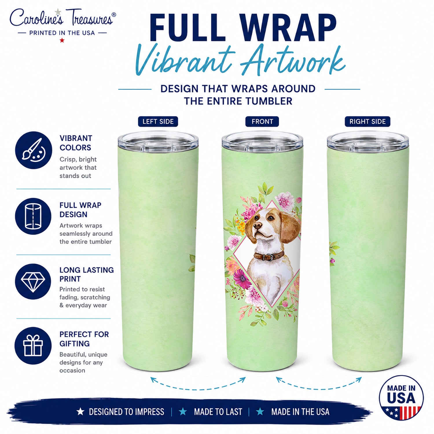 Beagle Green Flowers Stainless Steel Skinny Tumbler 20 oz Vacuum Double Walled Reusable Insulated Travel Cup