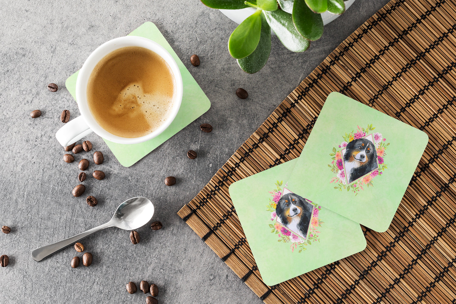 Bernese Mountain Dog Green Flowers Foam Coasters Set of 4 Cup Coasters for Indoor Outdoor, Tabletop Protection, Anti Slip, Mouse pad Material