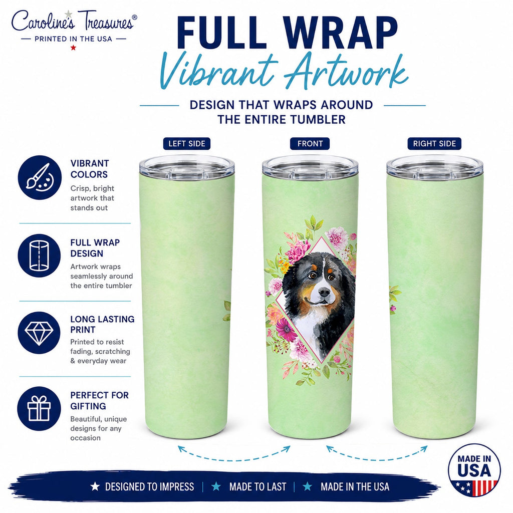 Bernese Mountain Dog Green Flowers Stainless Steel Skinny Tumbler 20 oz Vacuum Double Walled Reusable Insulated Travel Cup