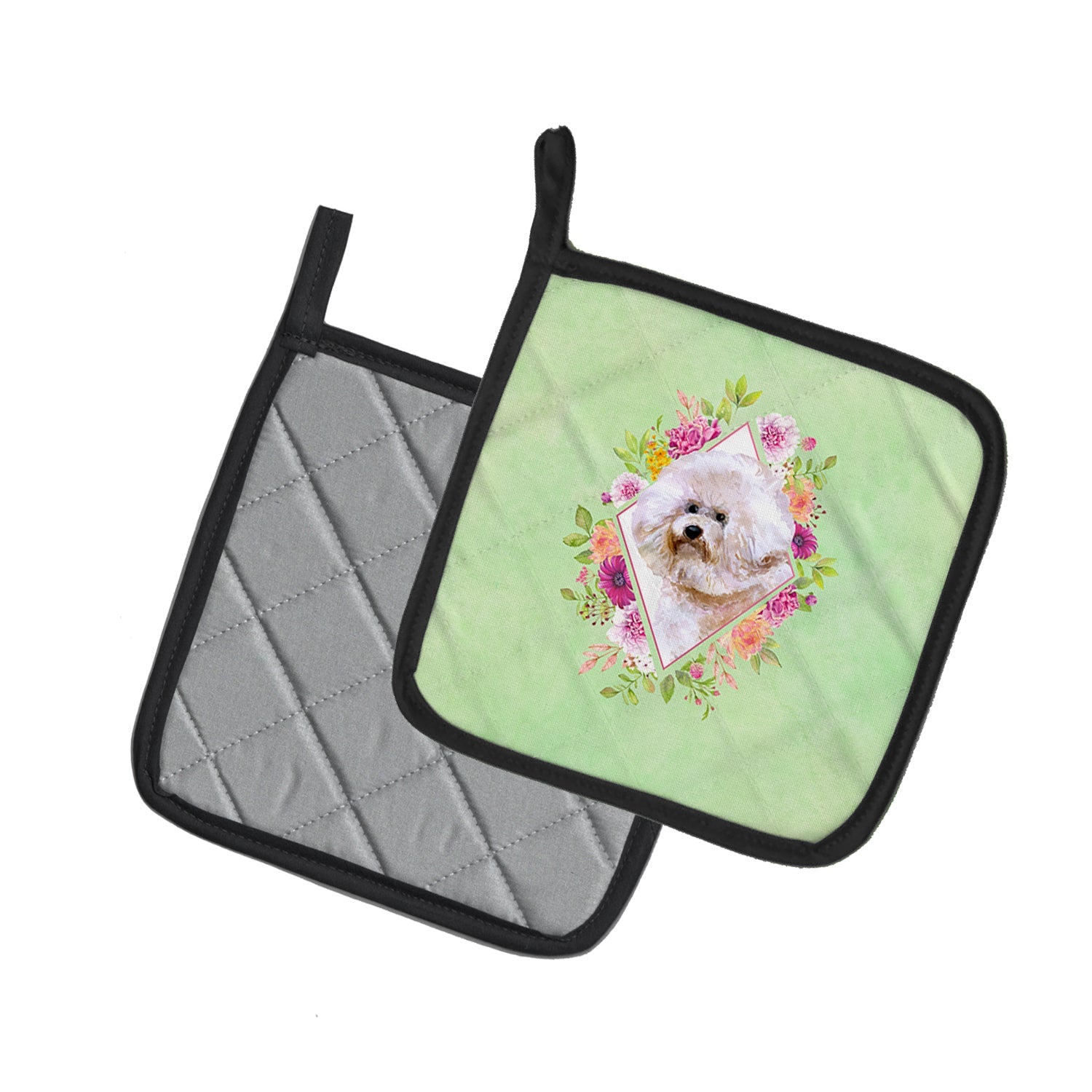 Bichon Frisé #1 Green Flowers Pot Holder Set of 2 Heat Resistant Quilted Hot Pads 7.5 x 7.5 Inch, Insulated Kitchen Trivets for Cooking & Baking